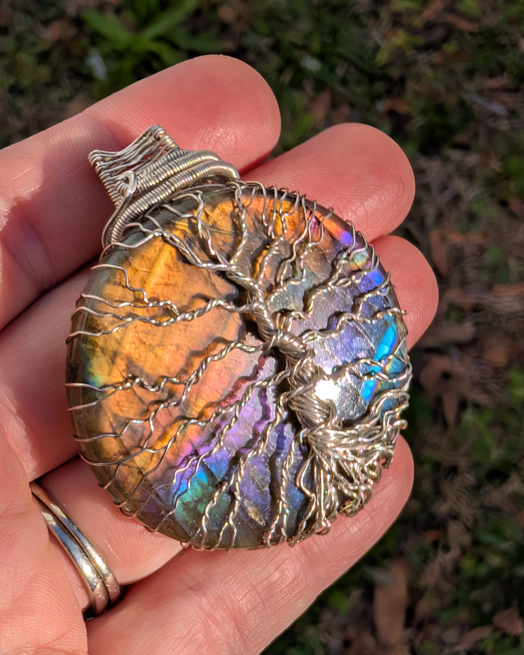 Sterling Silver wire wrapped Tree of life on a magical Labradorite Handmade. Wire wraps. Pendants.