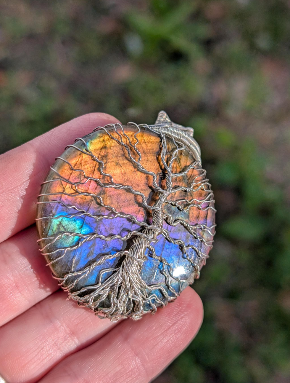 Sterling Silver wire wrapped Tree of life on a magical Labradorite Handmade. Wire wraps. Pendants.