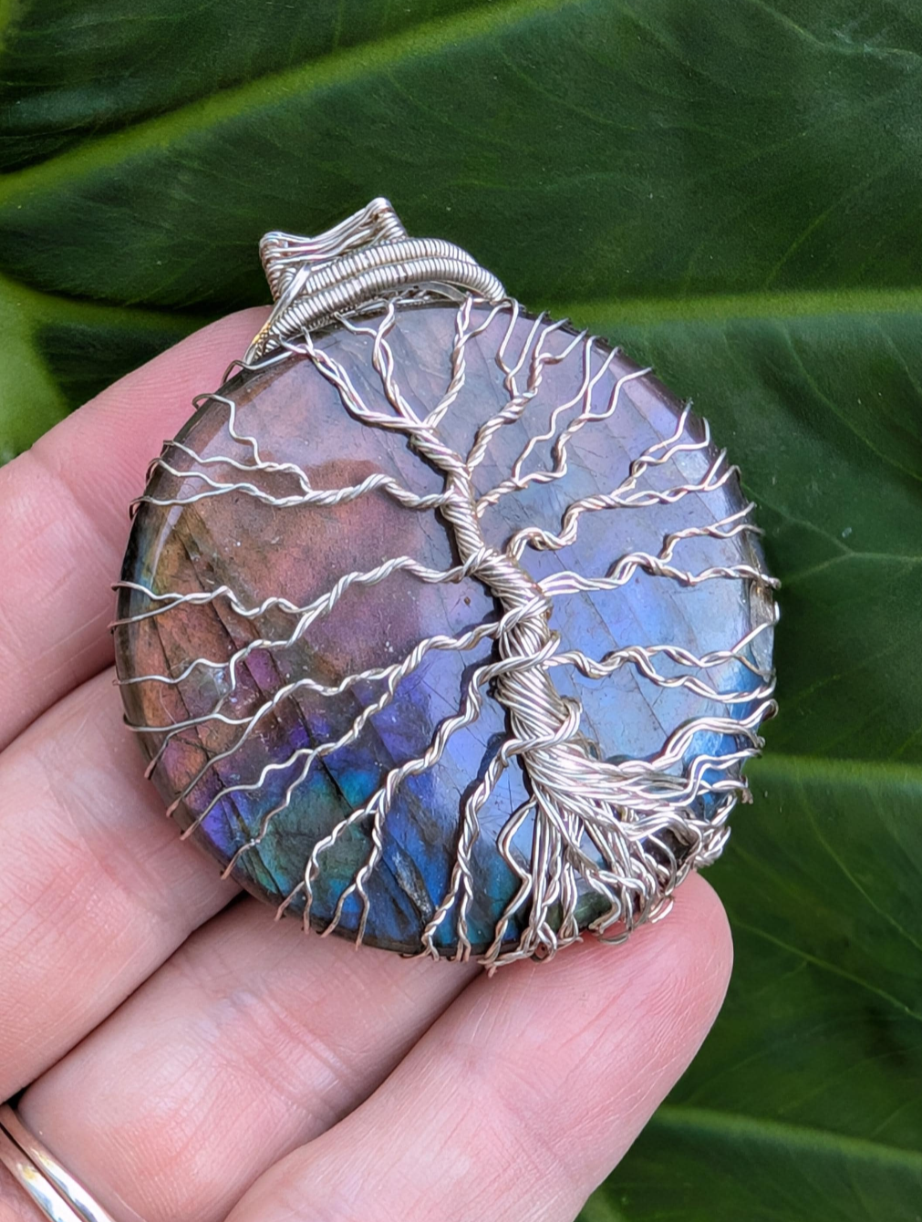 Sterling Silver wire wrapped Tree of life on a magical Labradorite Handmade. Wire wraps. Pendants.
