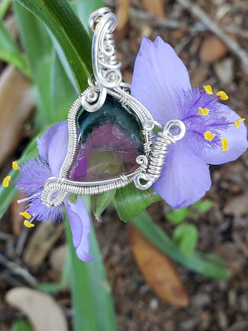 Mini Butterfly Pendant .925 Sterling Silver wire wrapped around Tourmaline Slice Handmade. Wire wraps. Metaphysical