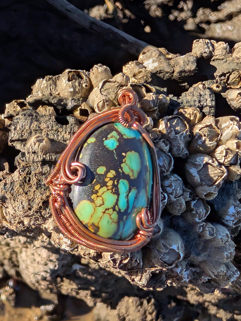 Copper wire wrapped TibetanTurquoise. Hand crafted Wire wraps. Pendants. Gift ideas leather cord. OOAK wire wrap. Simple.