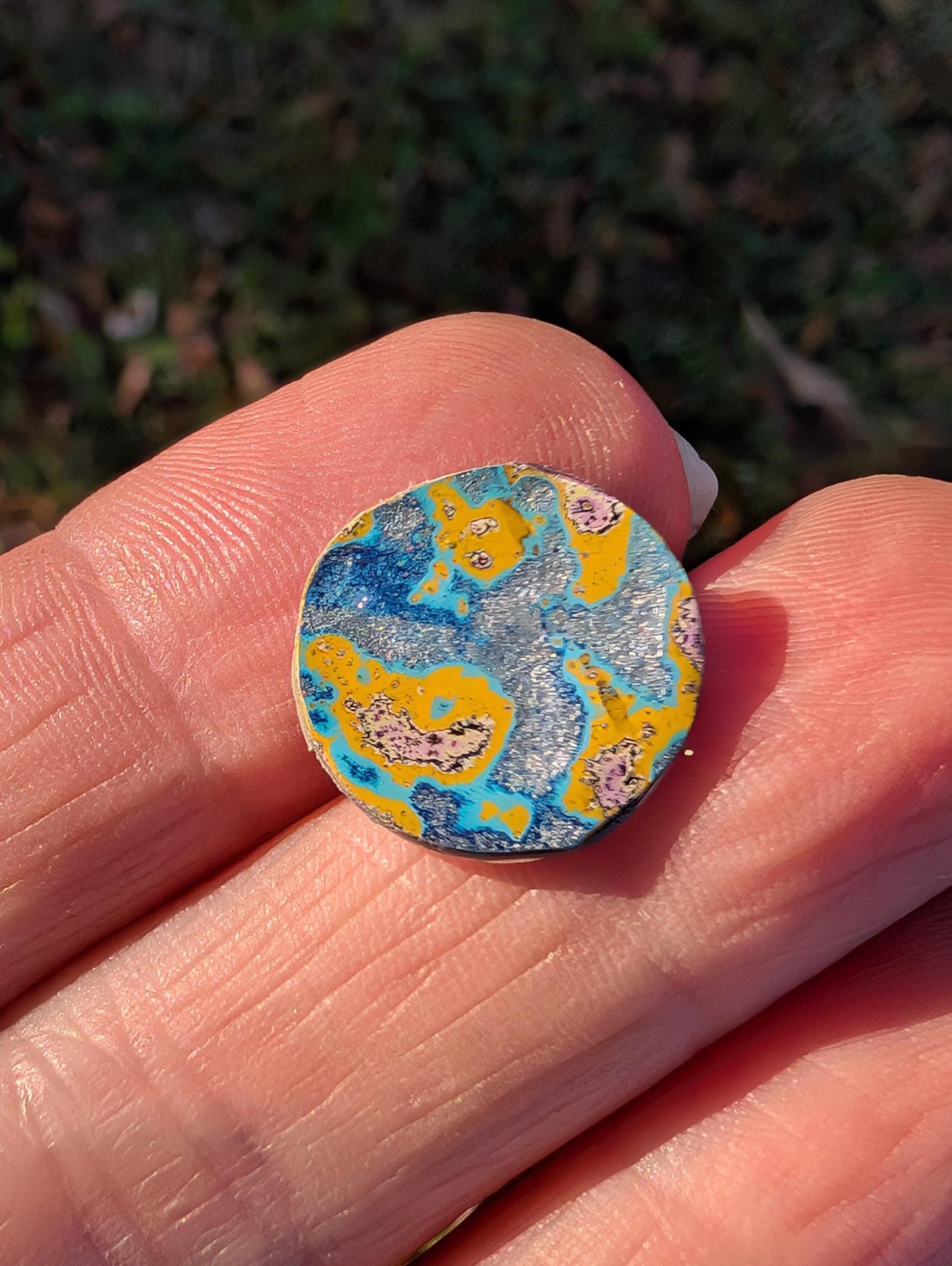Graffiti Cabochon. multi color. Small. 1gram silver. .99 recycled .blue yellow wearable art jewelry making ##14