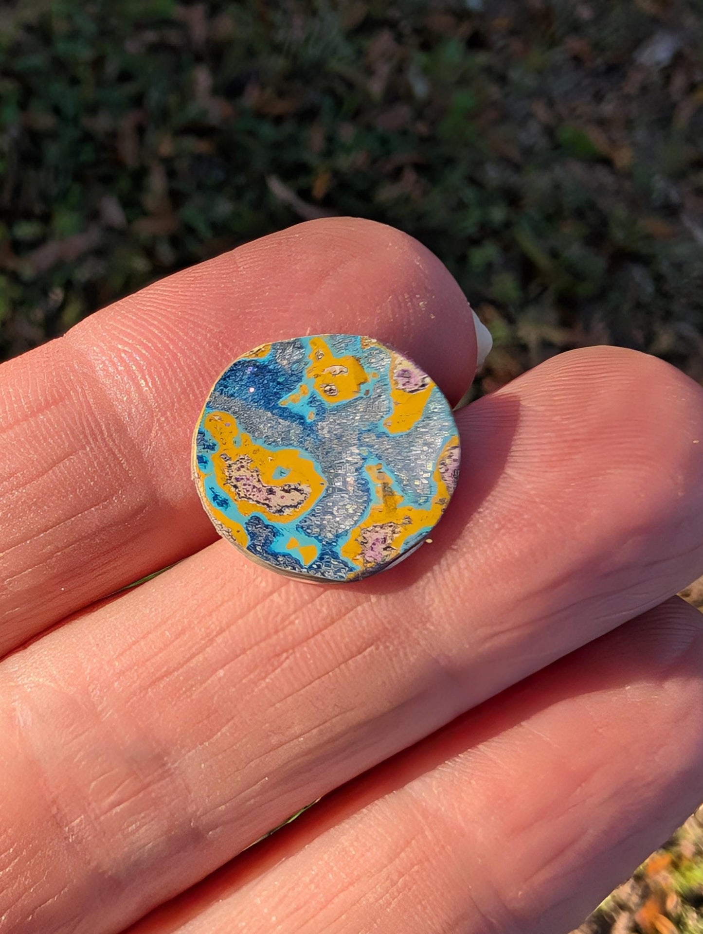 Graffiti Cabochon. multi color. Small. 1gram silver. .99 recycled .blue yellow wearable art jewelry making ##14