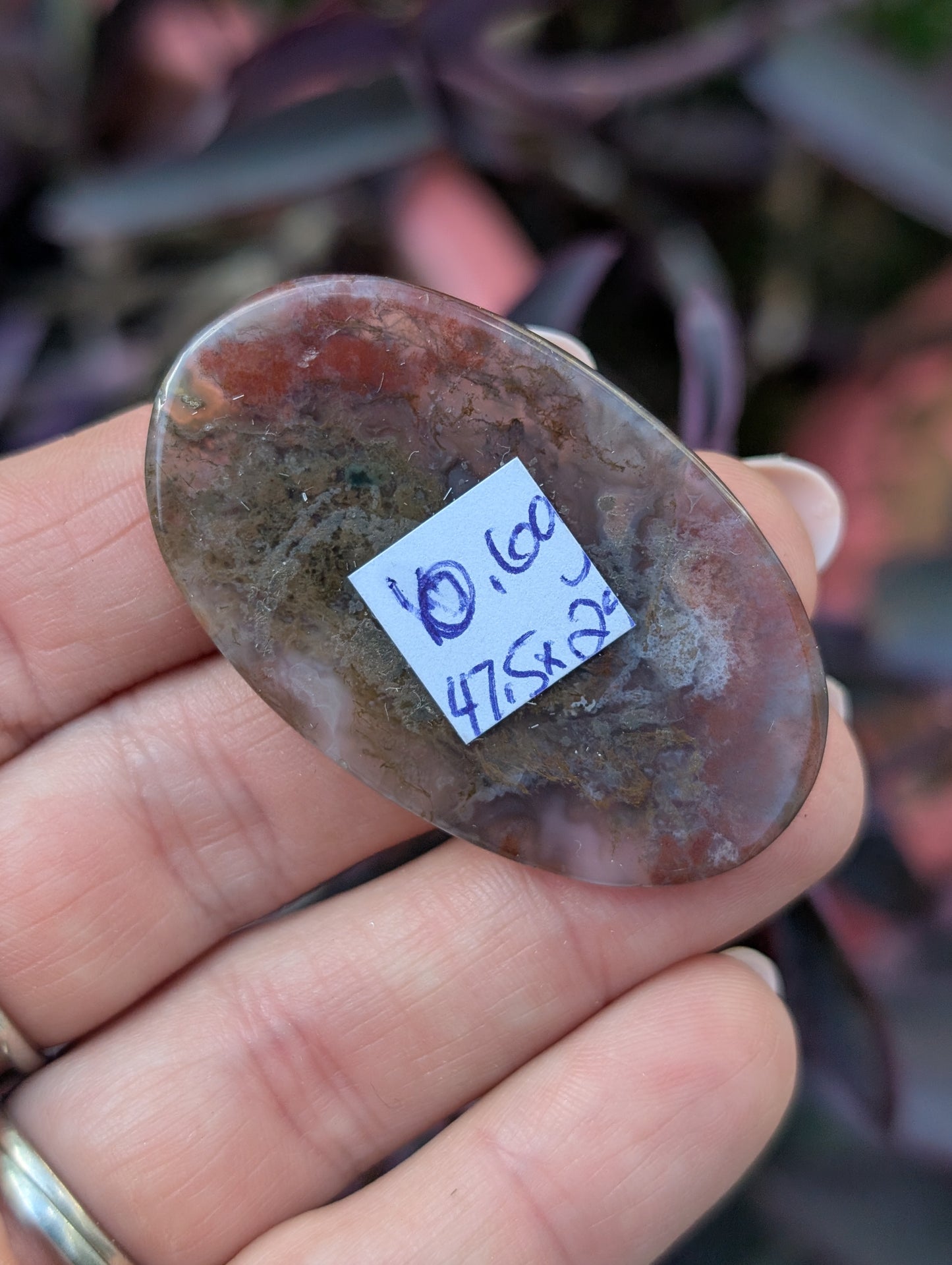 Moss agate cabochon. Large Oval. Green and red. 47mm x 29mm