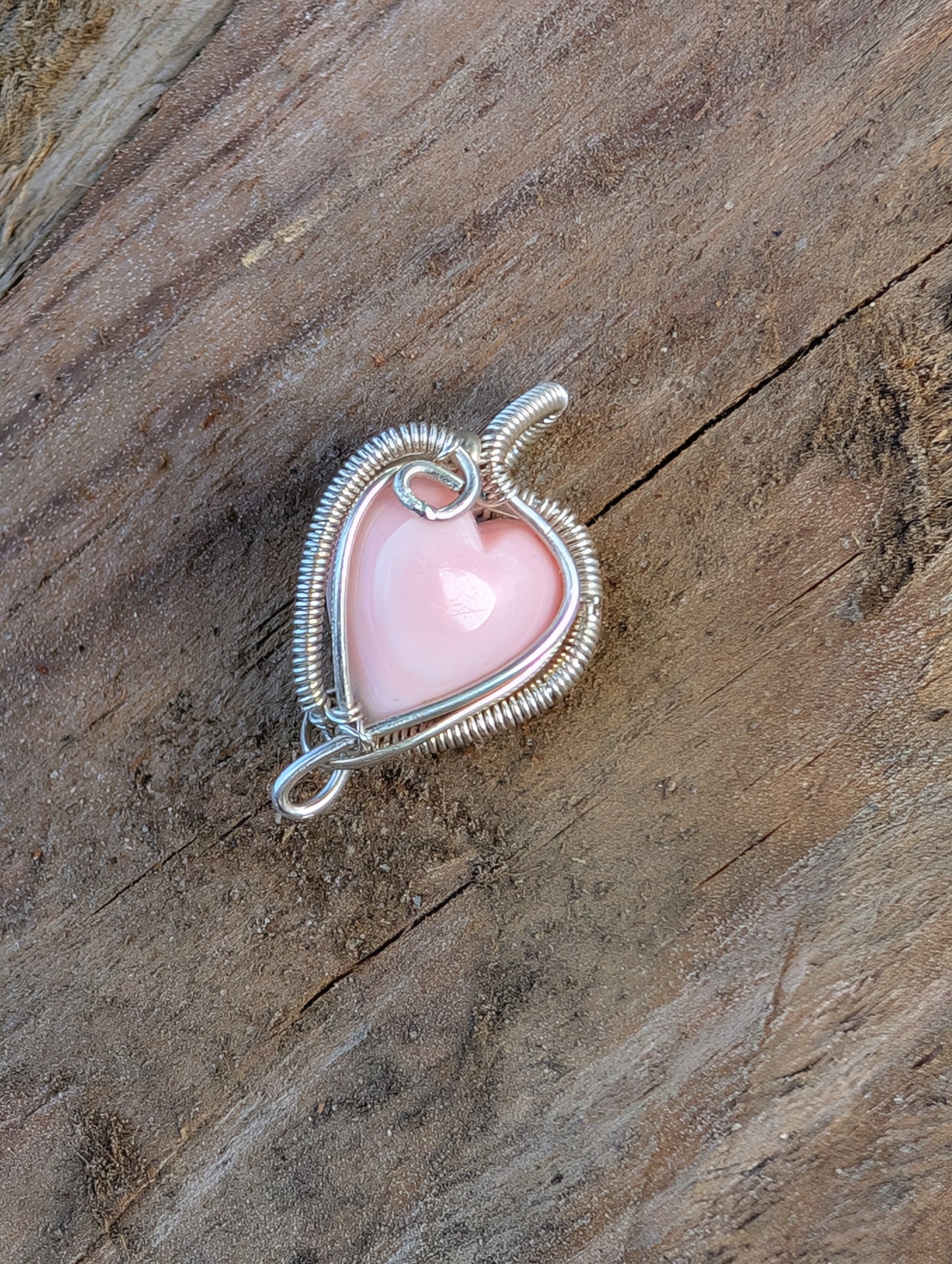 Sterling Silver wire wrapped heart pendant. Mini pendant. Pink conch shell. Handmade Valentine's.