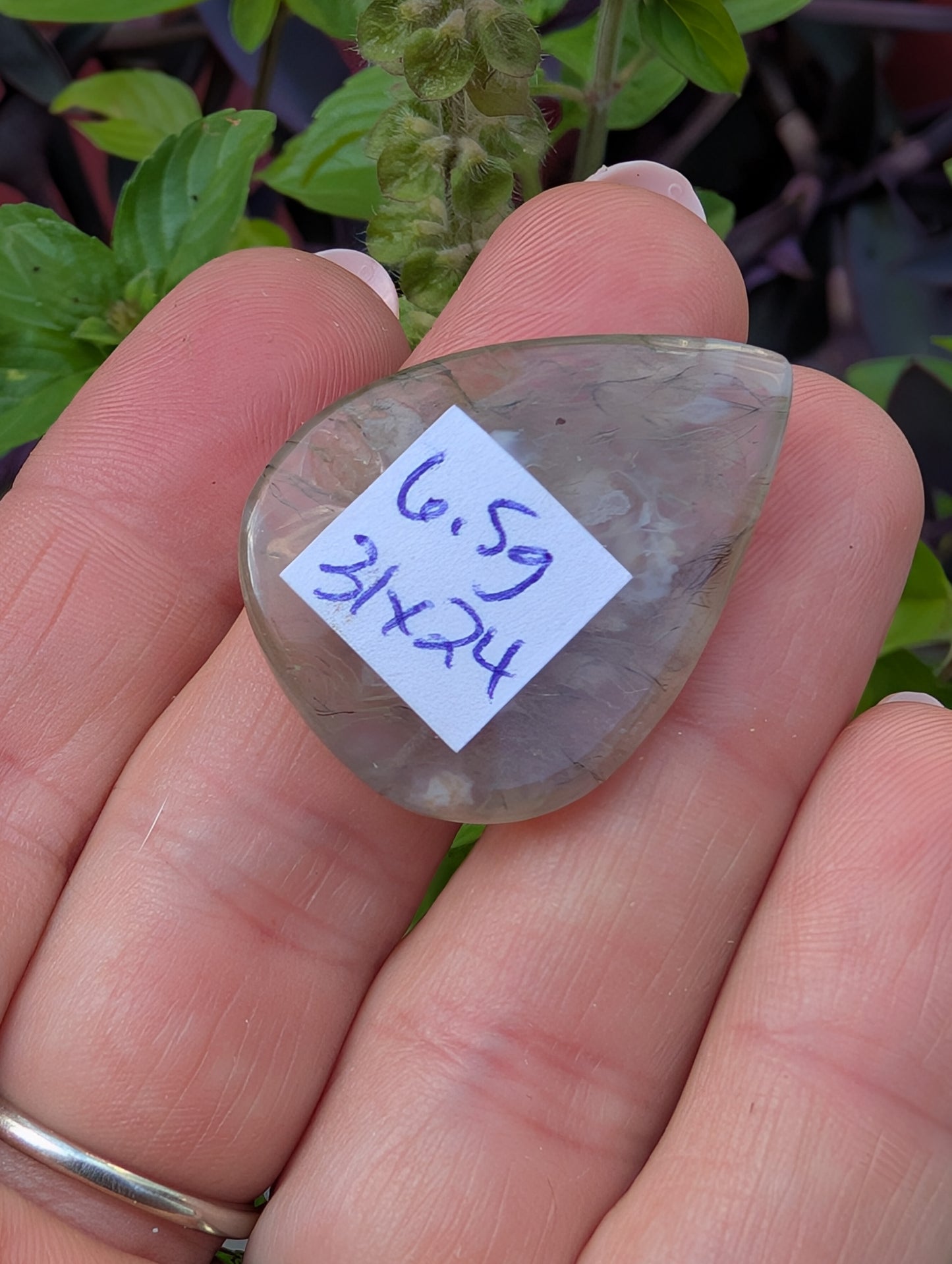 Moss agate cabochon. Tear drop . Green 31mm x 24mm