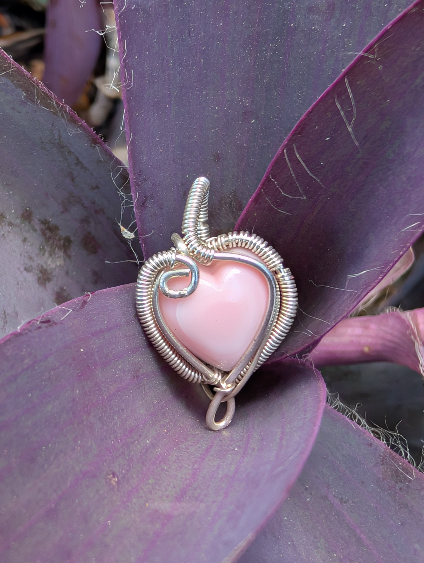Sterling Silver wire wrapped heart pendant. Mini pendant. Pink conch shell. Handmade Valentine's.