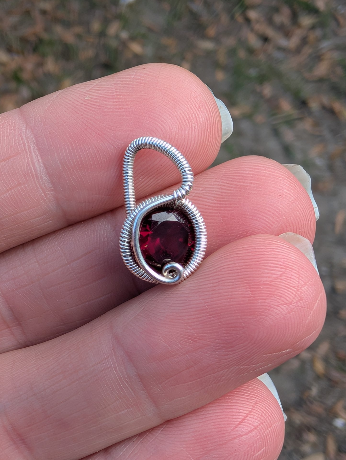 Sterling Silver Mini pendant. Handmade wire wrapped Garnet pendant. January birthstone