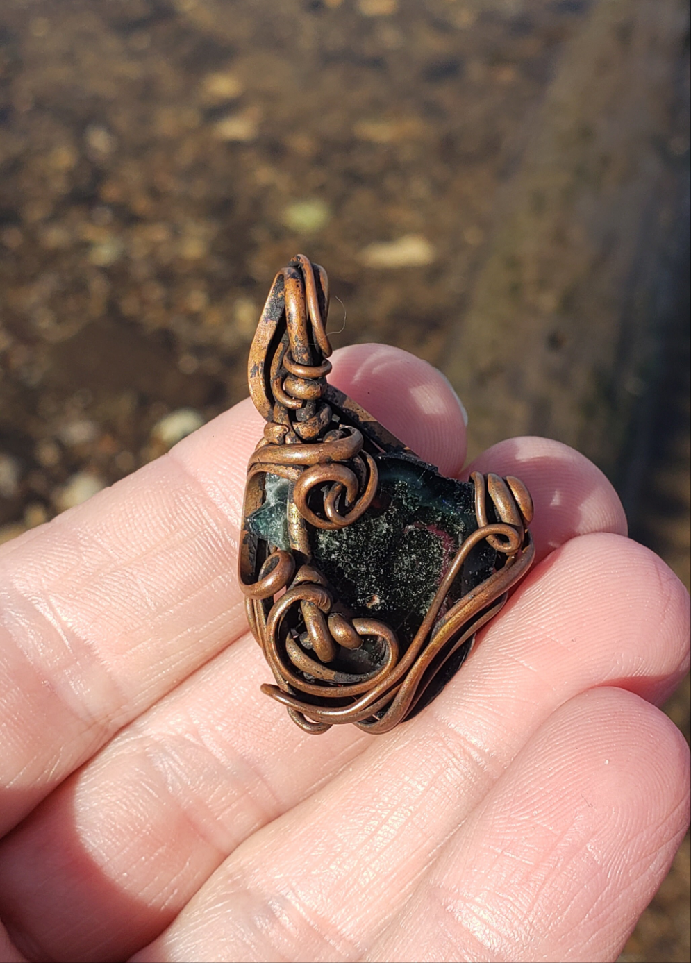 Copper wire wrapped Pendant with Tourmaline Slice. Handmade. Wire wraps. Pendants. Unique leather cord OOAK pink and green. Dark.