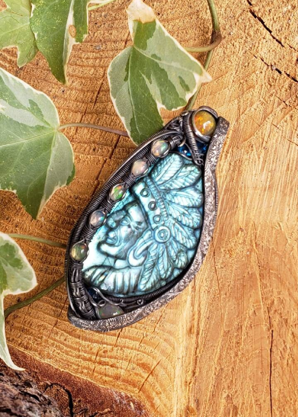 Labradorite carved Native Chief wire wrapped Pendant. Opal & apatite accents Sterling Silver wire wrapped Cabochon. Handmade. Heady.