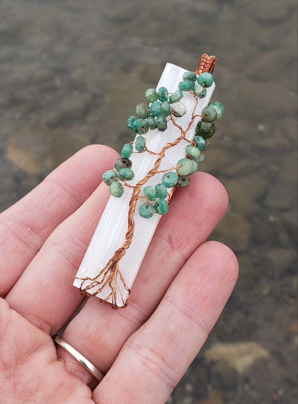 Lovely Tree of Life wire wrapped on selenite with chrysoprase beads. Comes On leather cord. Handmade. Wire wraps.