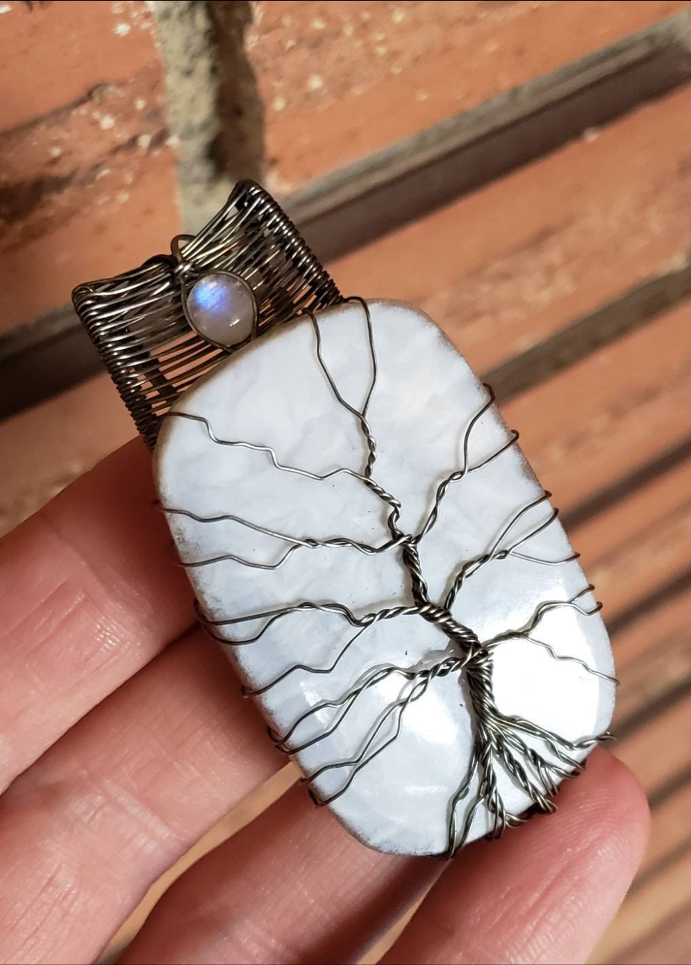 Sterling Silver wire wrapped Tree of life on a lovley Owyhee Blue Opal and moonstone accent Handmade. Wire wraps. Pendants.