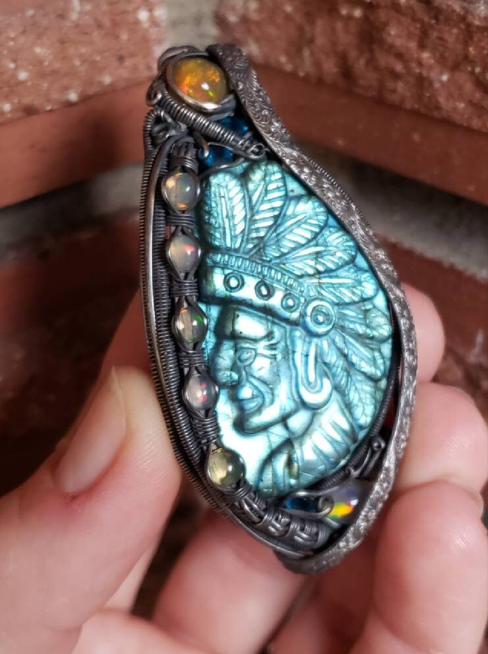 Labradorite carved Native Chief wire wrapped Pendant. Opal & apatite accents Sterling Silver wire wrapped Cabochon. Handmade. Heady.