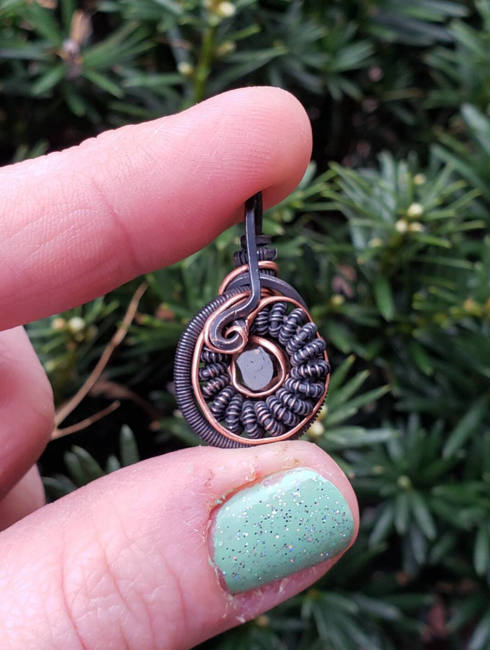 Copper wire wrapped Mini Pendant with smokey quartz facet Handmade. Wire wraps. Pendants. Unique leather cord