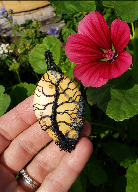Lovely Tree of life Pendant. Copper wire wrapped Tree of life on a Large Malingano Jasper Cabochon. Handmade. Wire wraps. Yellow