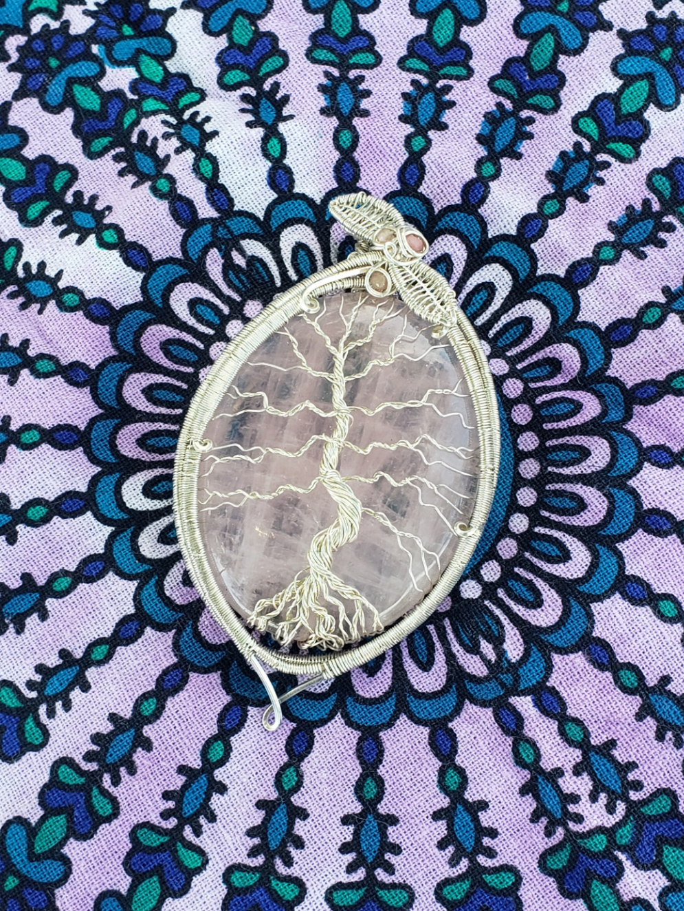 Sterling Silver wire wrapped Tree of life on a lovley pink rose quartz and rhodonite accents Handmade. Wire wraps. Pendants.