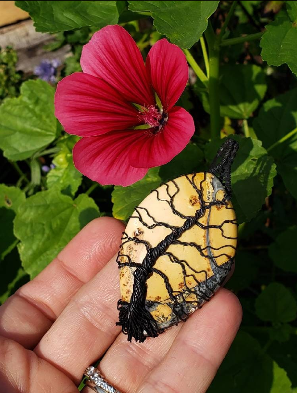 Lovely Tree of life Pendant. Copper wire wrapped Tree of life on a Large Malingano Jasper Cabochon. Handmade. Wire wraps. Yellow