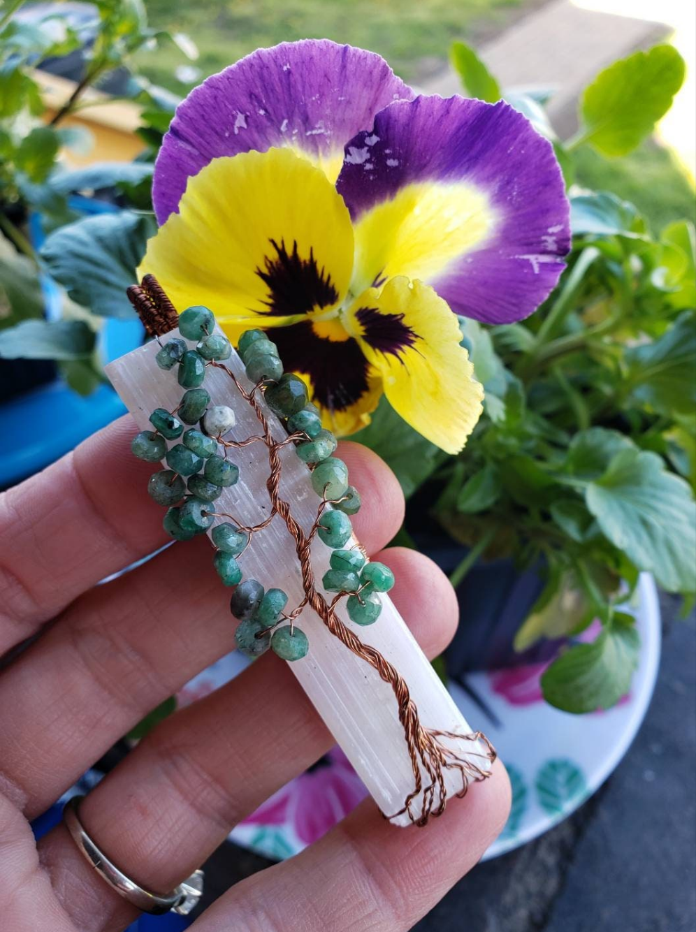Lovely Tree of Life wire wrapped on selenite with chrysoprase beads. Comes On leather cord. Handmade. Wire wraps.