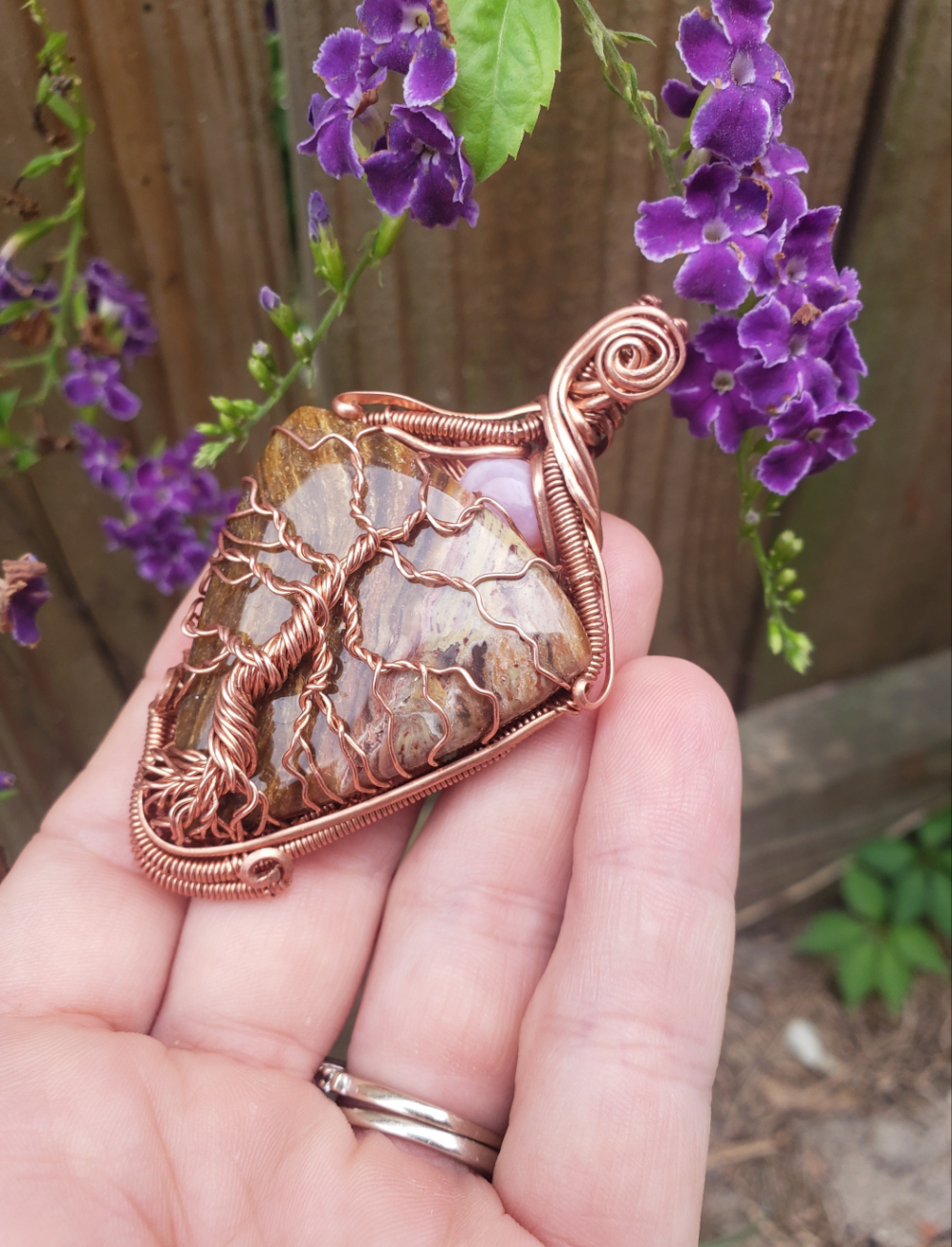 Copper wire wrapped tree of life on Petrified wood. Pink opal Multicolor Handmade. Wire wraps. Pendants. Gift ideas leather cord OOAK