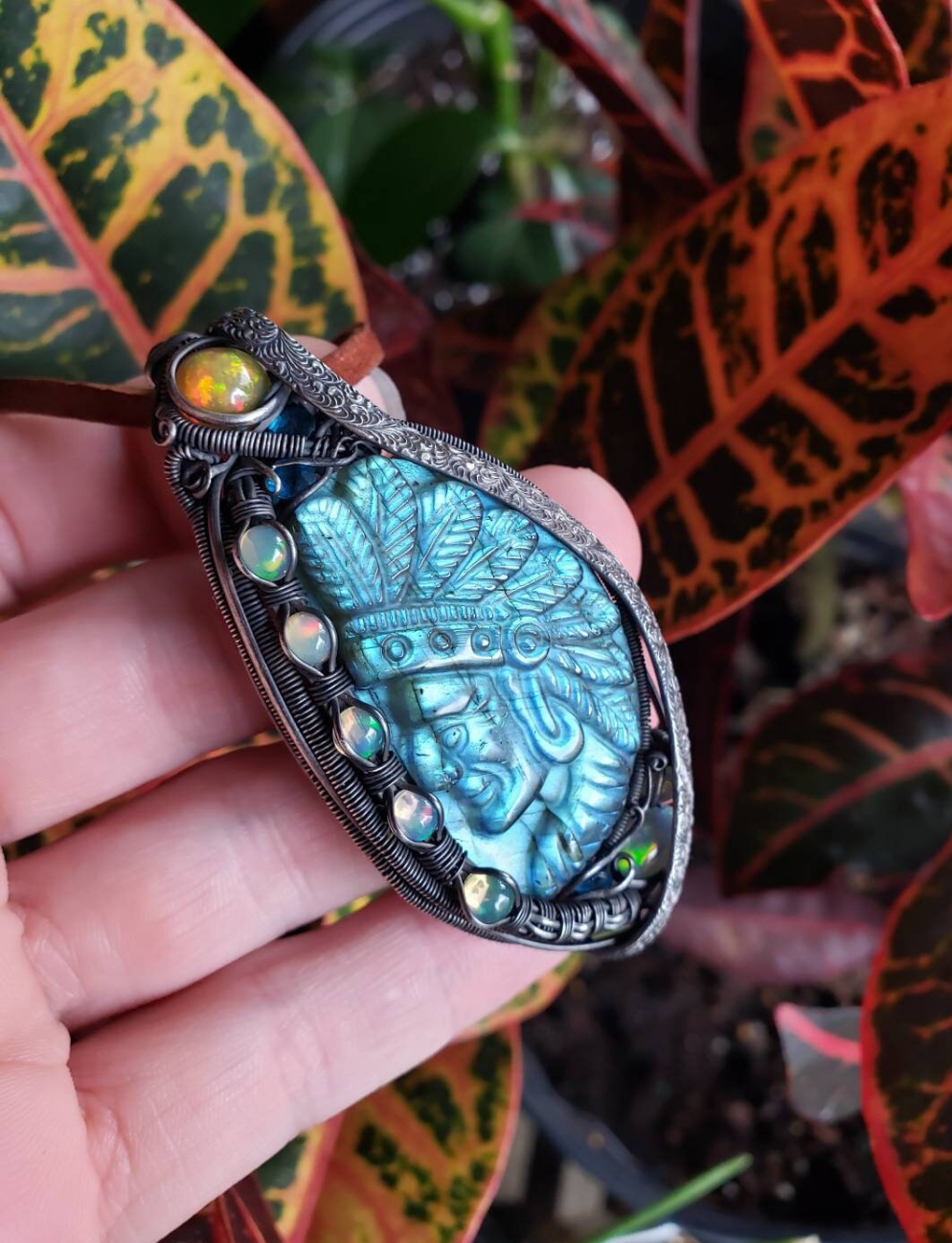 Labradorite carved Native Chief wire wrapped Pendant. Opal & apatite accents Sterling Silver wire wrapped Cabochon. Handmade. Heady.