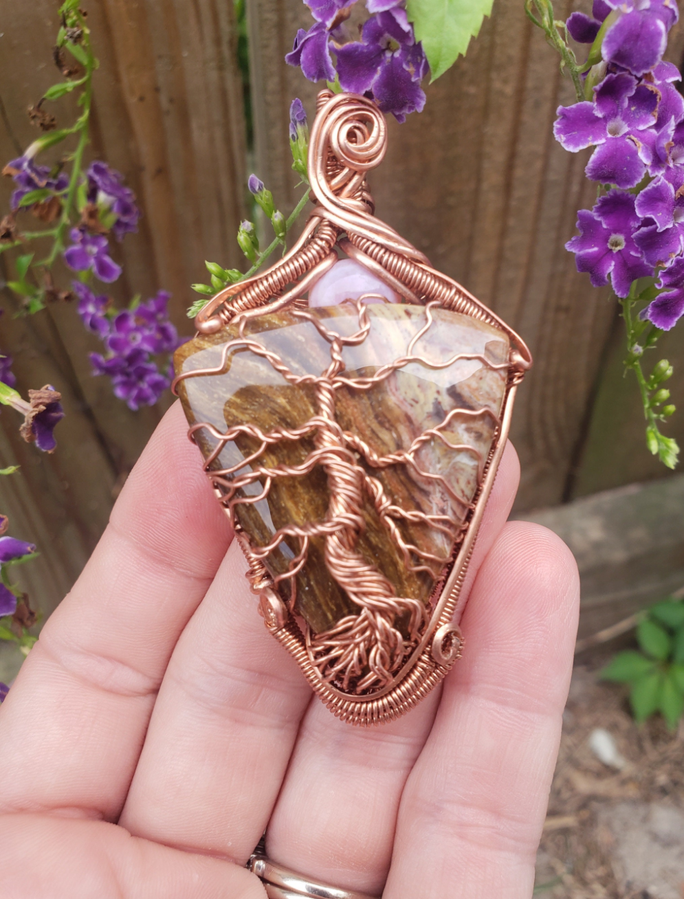 Copper wire wrapped tree of life on Petrified wood. Pink opal Multicolor Handmade. Wire wraps. Pendants. Gift ideas leather cord OOAK