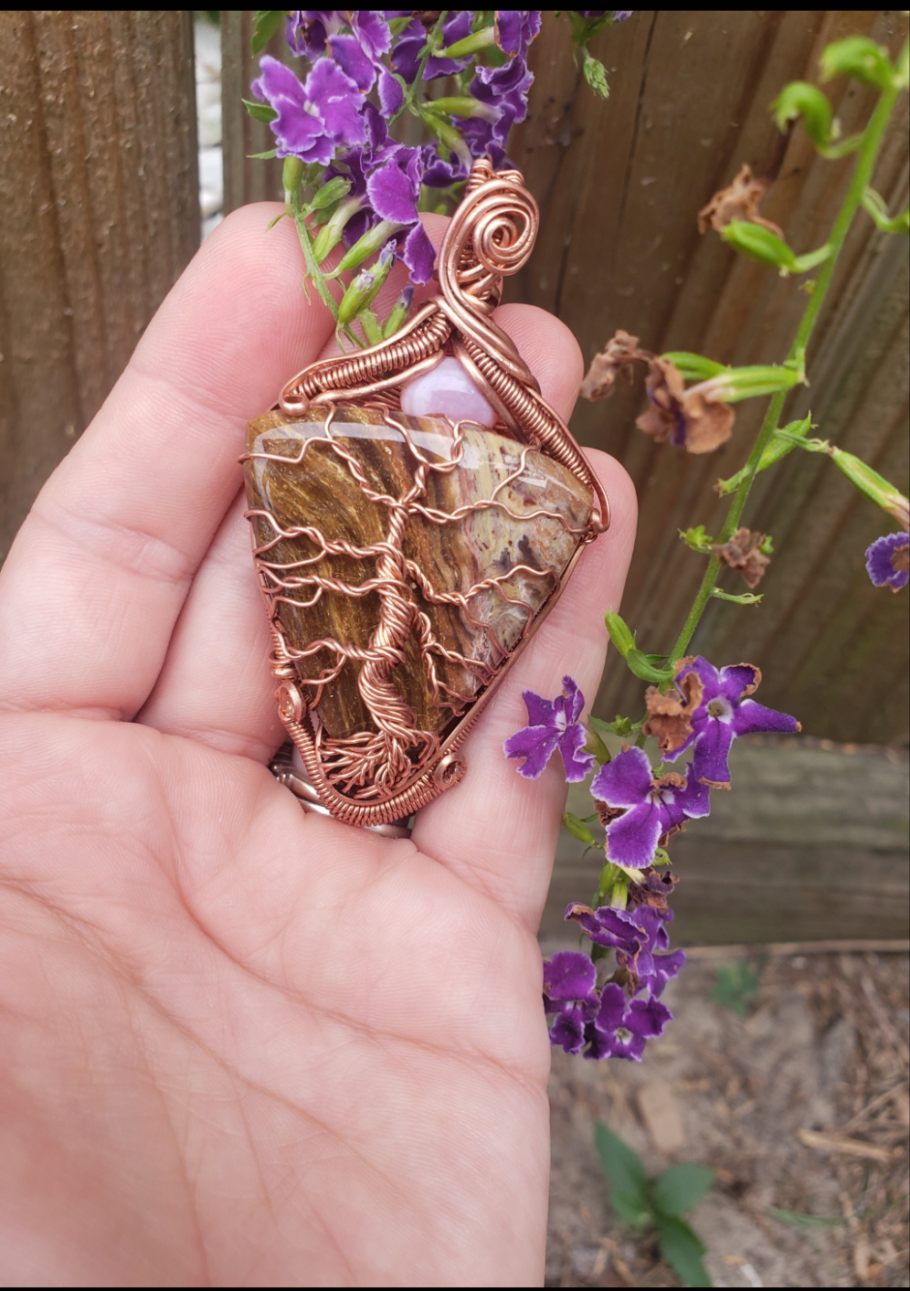 Copper wire wrapped tree of life on Petrified wood. Pink opal Multicolor Handmade. Wire wraps. Pendants. Gift ideas leather cord OOAK