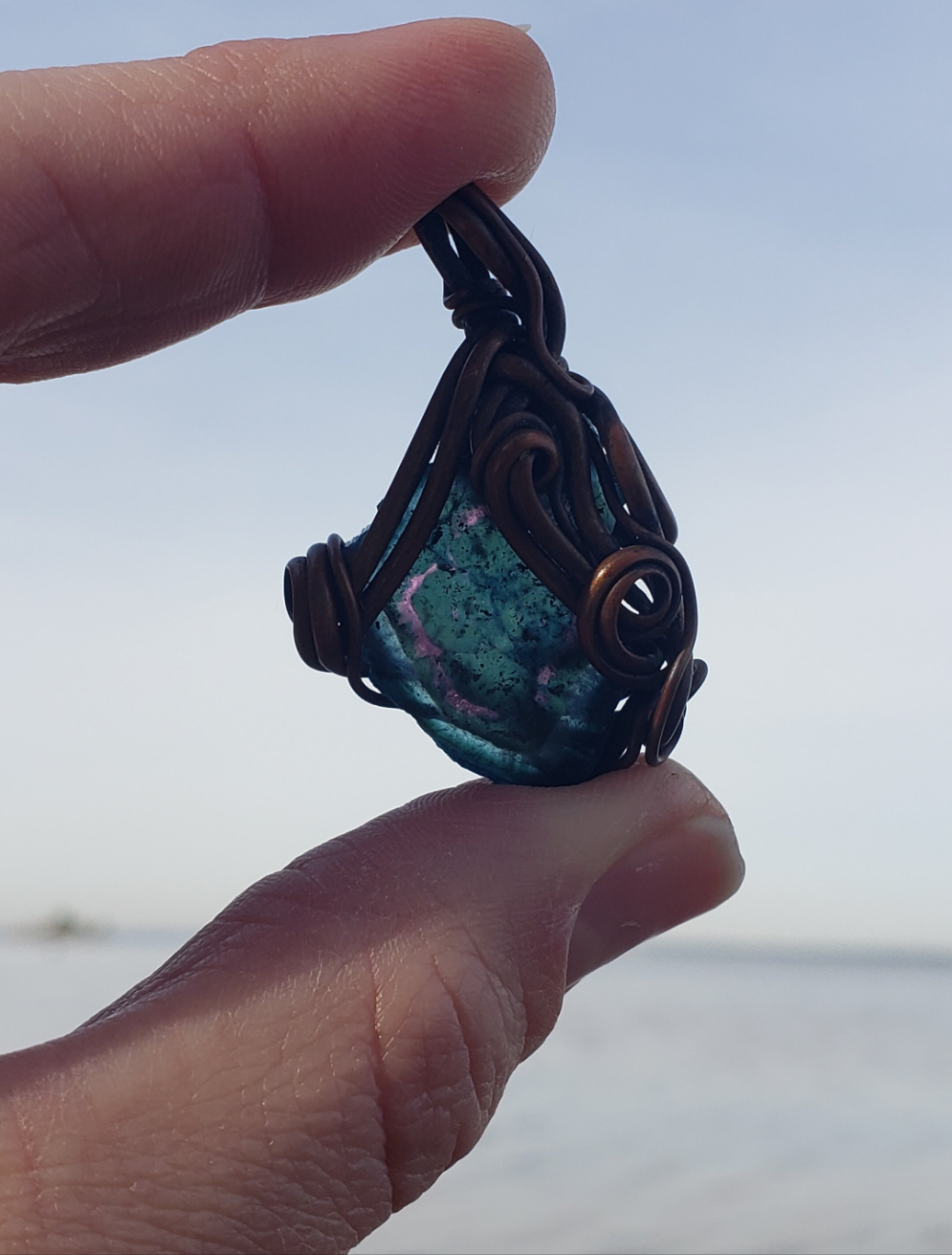 Copper wire wrapped Pendant with Tourmaline Slice. Handmade. Wire wraps. Pendants. Unique leather cord OOAK pink and green. Dark.