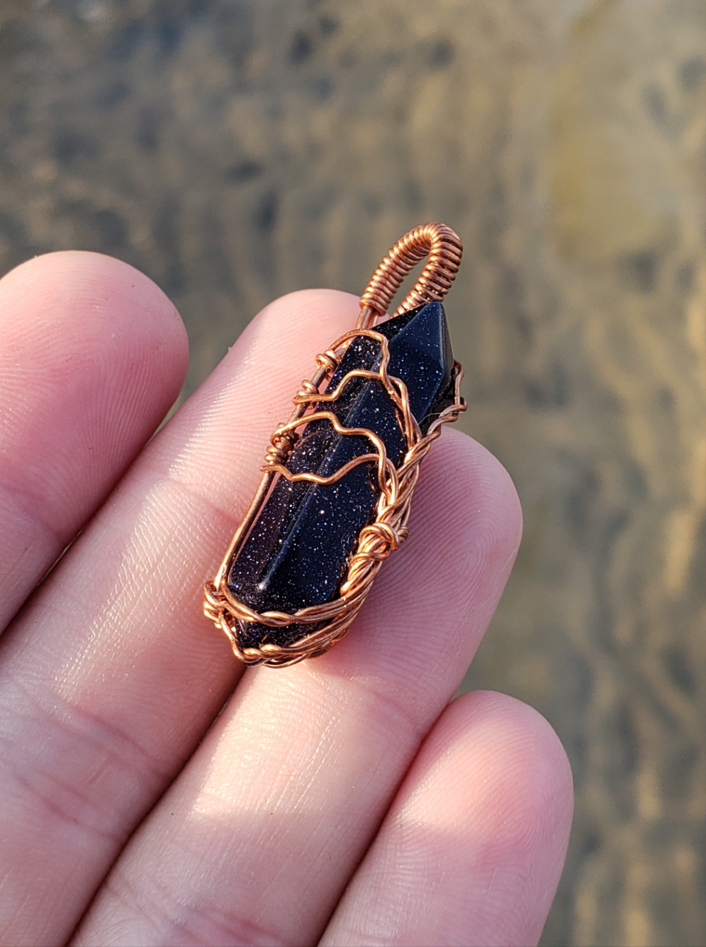 Copper wire wrapped Tree pendant. Blue Goldstone point. Hand crafted Wire wraps. Pendants. Gift ideas leather cord. OOAK wire wrap. Simple.