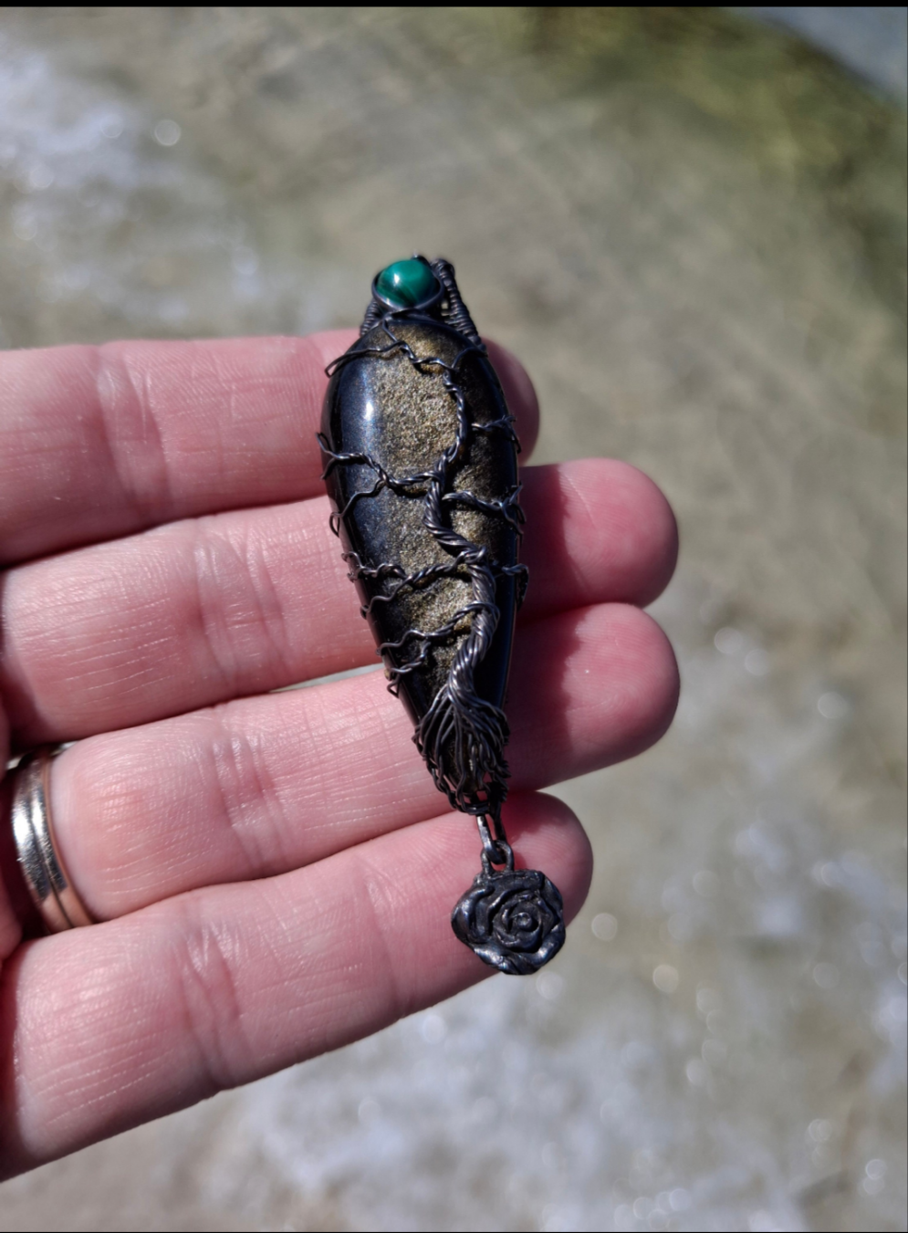 Lovely Tree of Life wire wrapped pendant. Gold Sheen Obsidian & malachite Comes On leather cord. Handmade. Wire wraps. Sterling silver wire