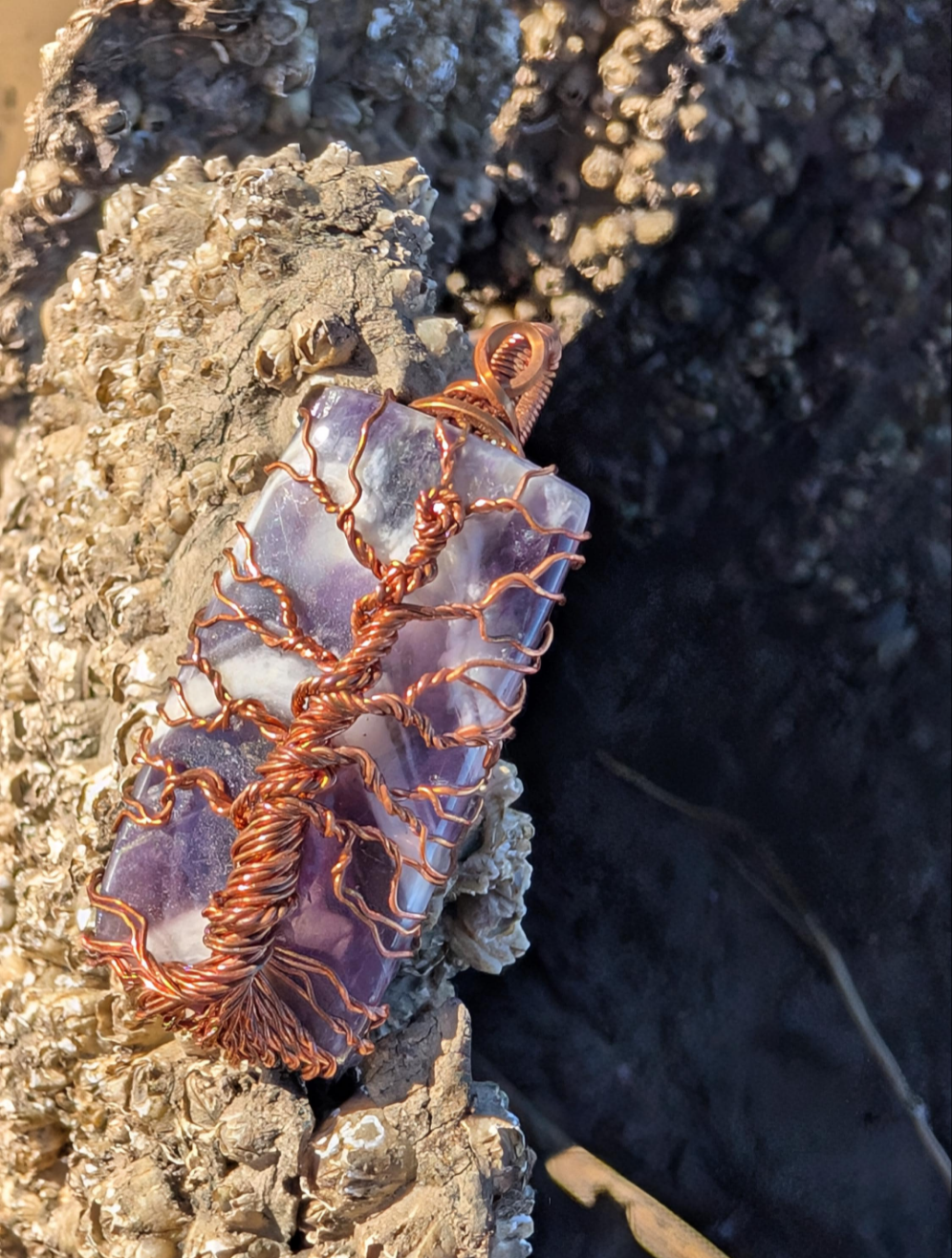 Copper wire wrapped tree of life on Chevron Amethyst. Handmade. Wire wraps. Pendants. Gift ideas leather cord OOAK purple
