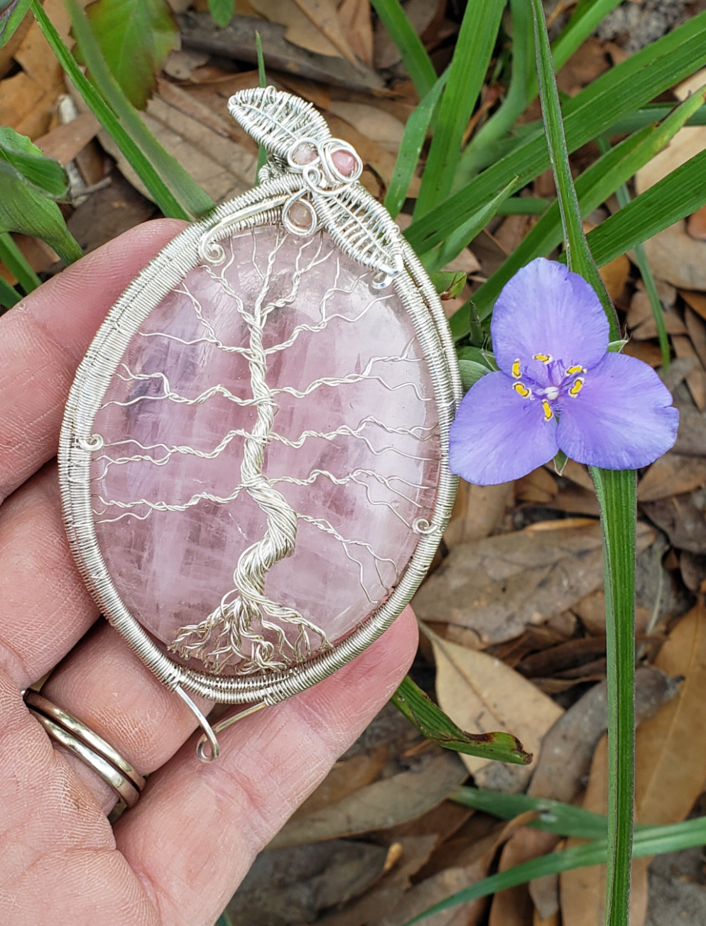 Sterling Silver wire wrapped Tree of life on a lovley pink rose quartz and rhodonite accents Handmade. Wire wraps. Pendants.