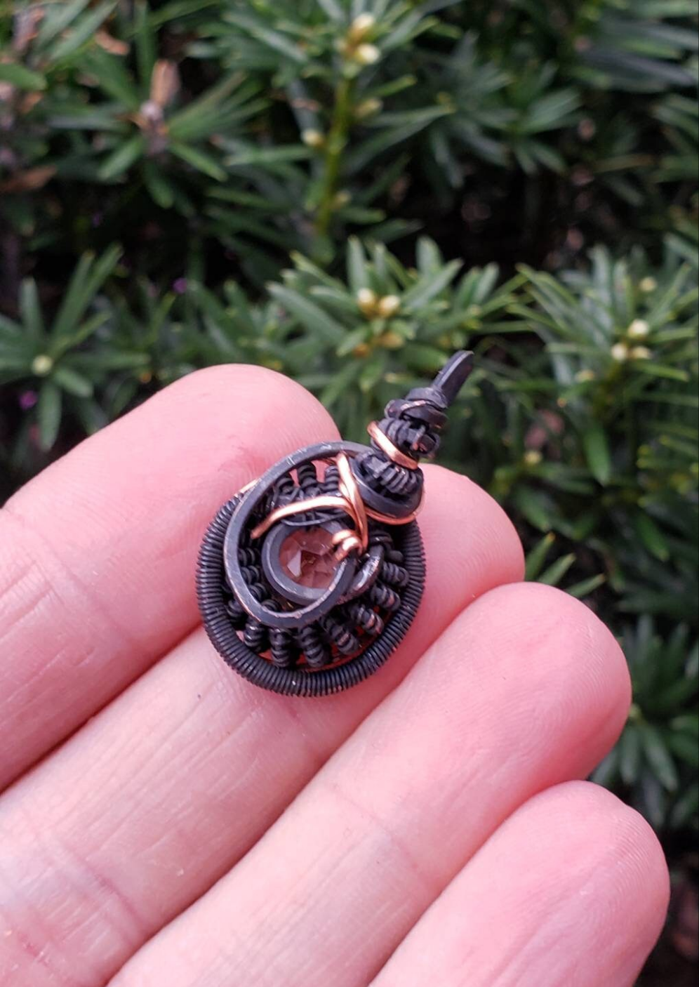 Copper wire wrapped Mini Pendant with smokey quartz facet Handmade. Wire wraps. Pendants. Unique leather cord