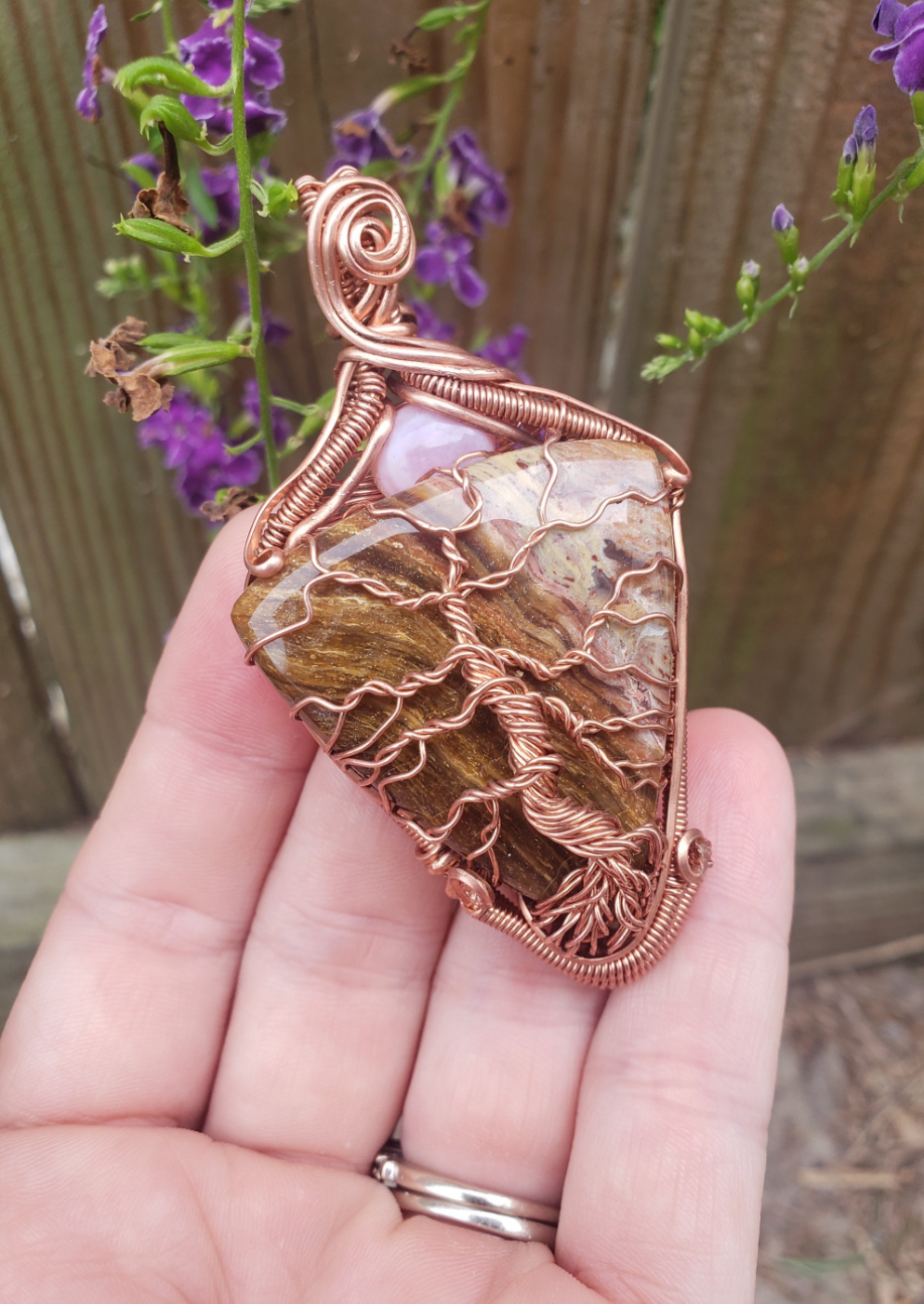 Copper wire wrapped tree of life on Petrified wood. Pink opal Multicolor Handmade. Wire wraps. Pendants. Gift ideas leather cord OOAK