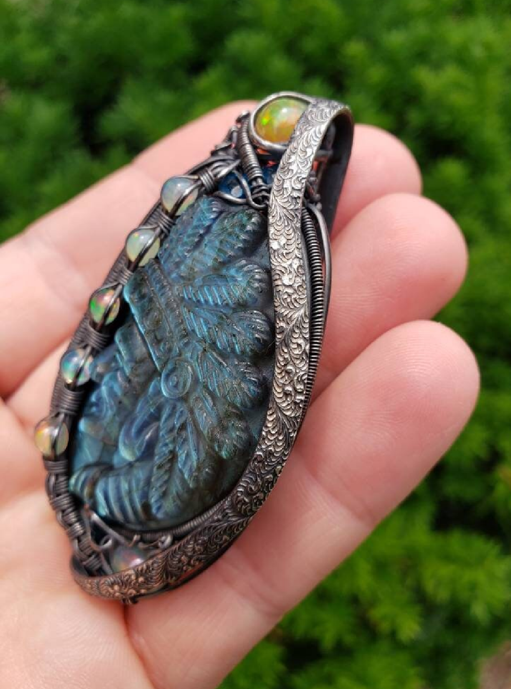 Labradorite carved Native Chief wire wrapped Pendant. Opal & apatite accents Sterling Silver wire wrapped Cabochon. Handmade. Heady.