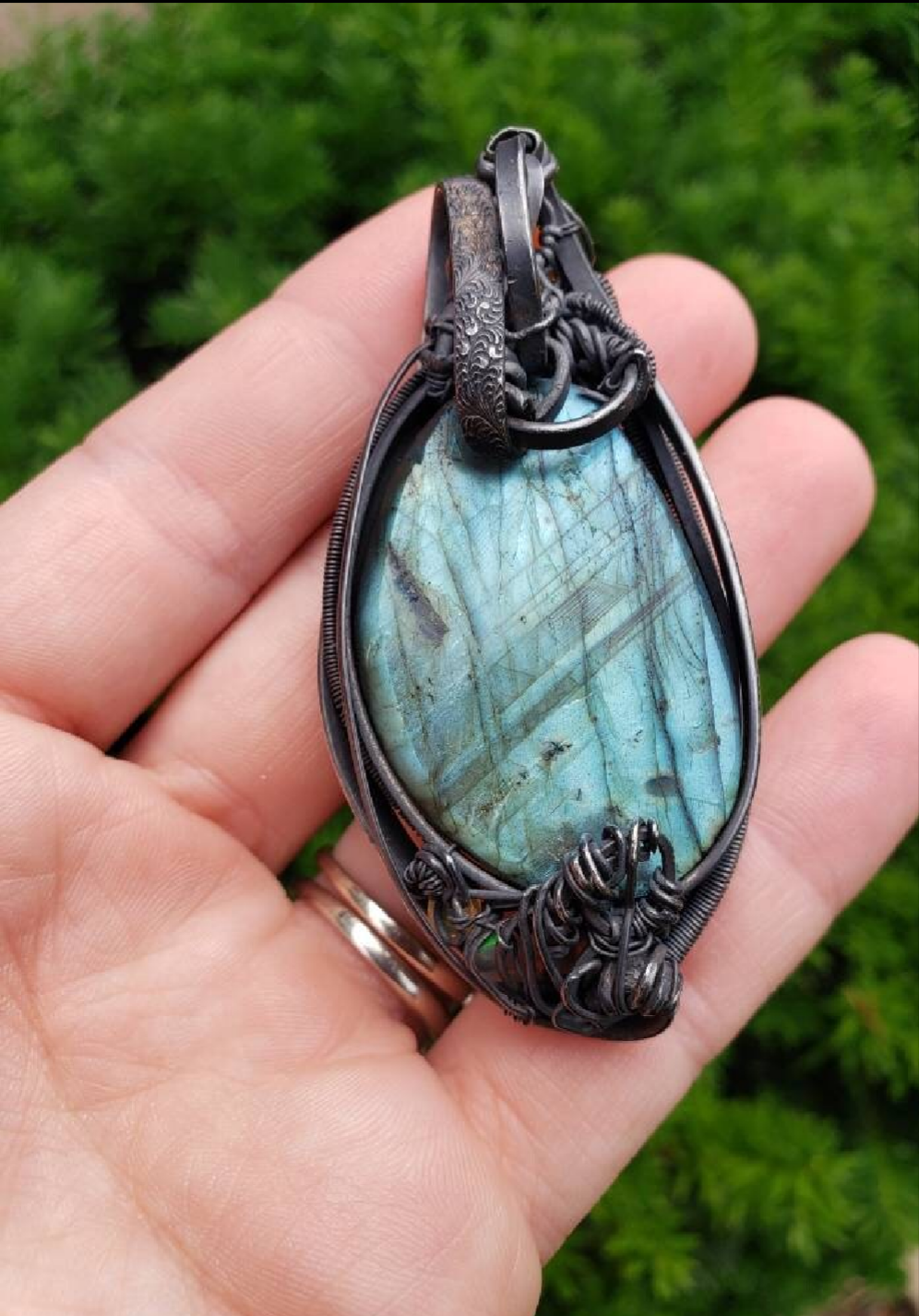 Labradorite carved Native Chief wire wrapped Pendant. Opal & apatite accents Sterling Silver wire wrapped Cabochon. Handmade. Heady.