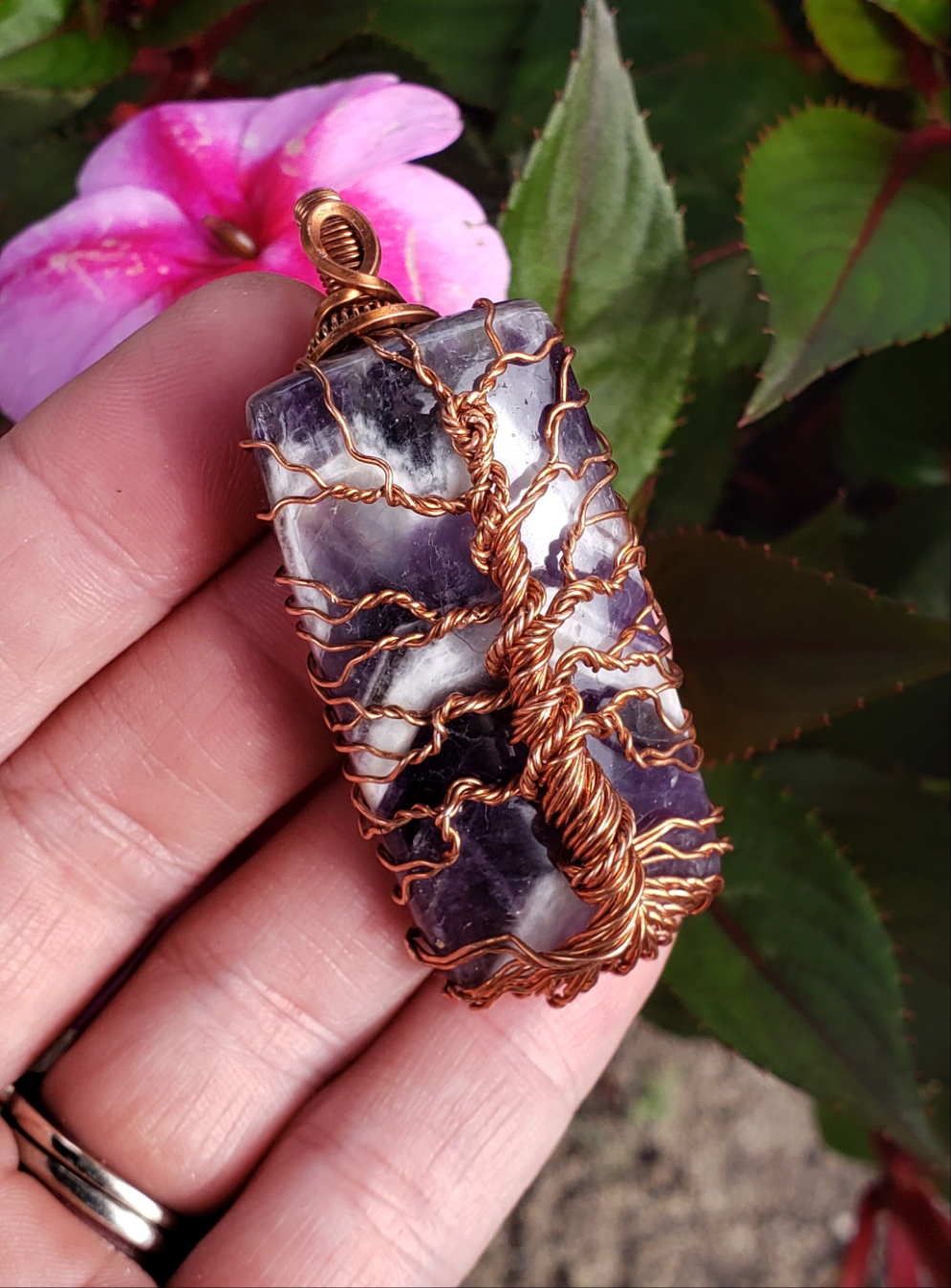 Copper wire wrapped tree of life on Chevron Amethyst. Handmade. Wire wraps. Pendants. Gift ideas leather cord OOAK purple