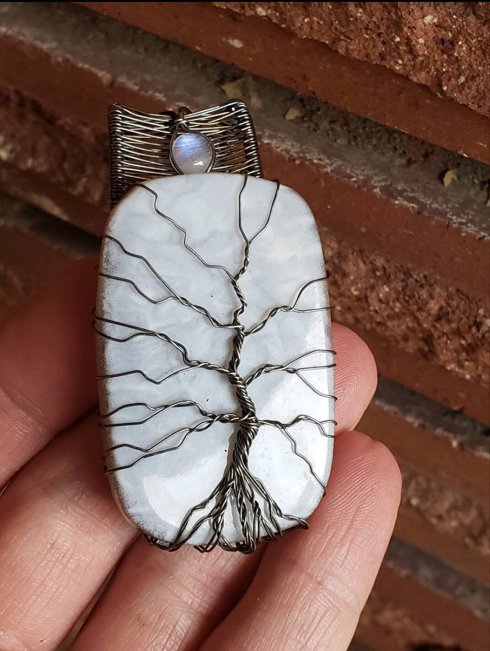 Sterling Silver wire wrapped Tree of life on a lovley Owyhee Blue Opal and moonstone accent Handmade. Wire wraps. Pendants.