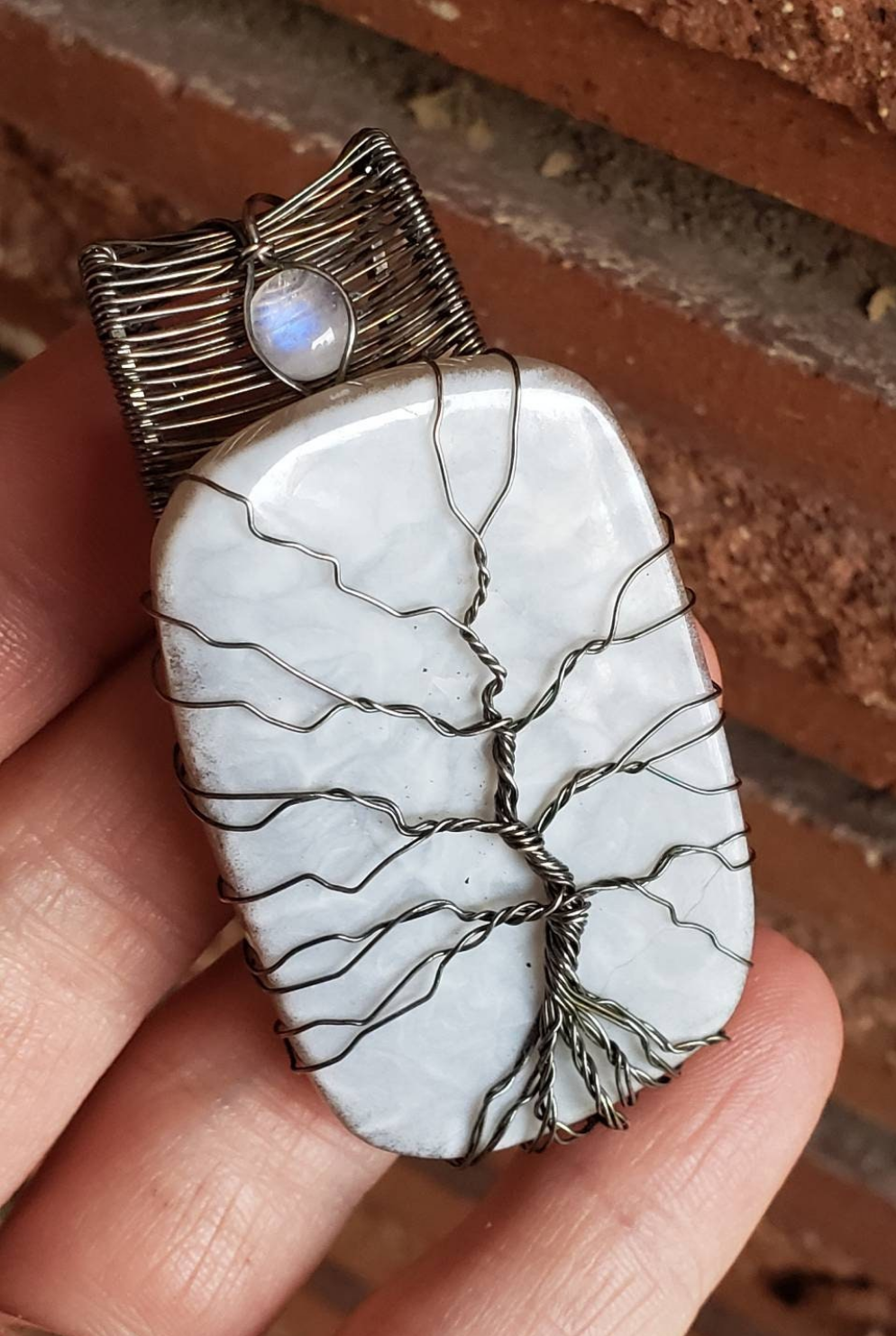 Sterling Silver wire wrapped Tree of life on a lovley Owyhee Blue Opal and moonstone accent Handmade. Wire wraps. Pendants.