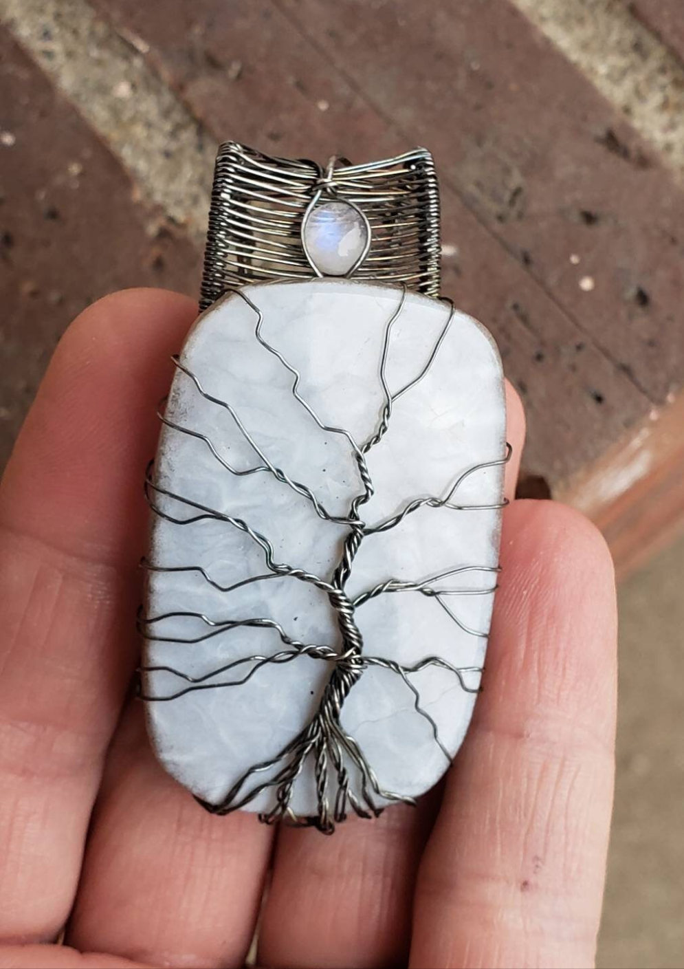 Sterling Silver wire wrapped Tree of life on a lovley Owyhee Blue Opal and moonstone accent Handmade. Wire wraps. Pendants.