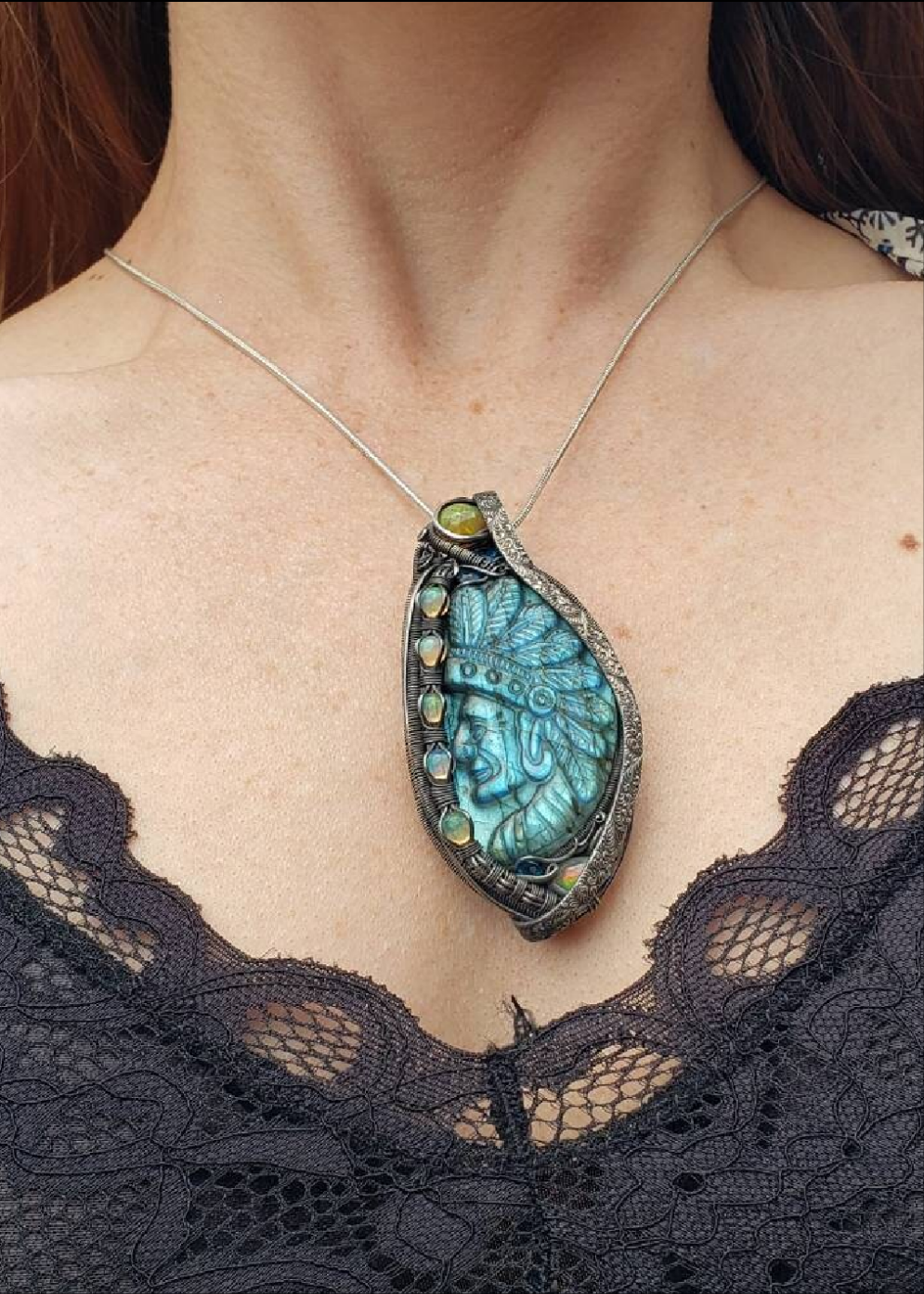 Labradorite carved Native Chief wire wrapped Pendant. Opal & apatite accents Sterling Silver wire wrapped Cabochon. Handmade. Heady.