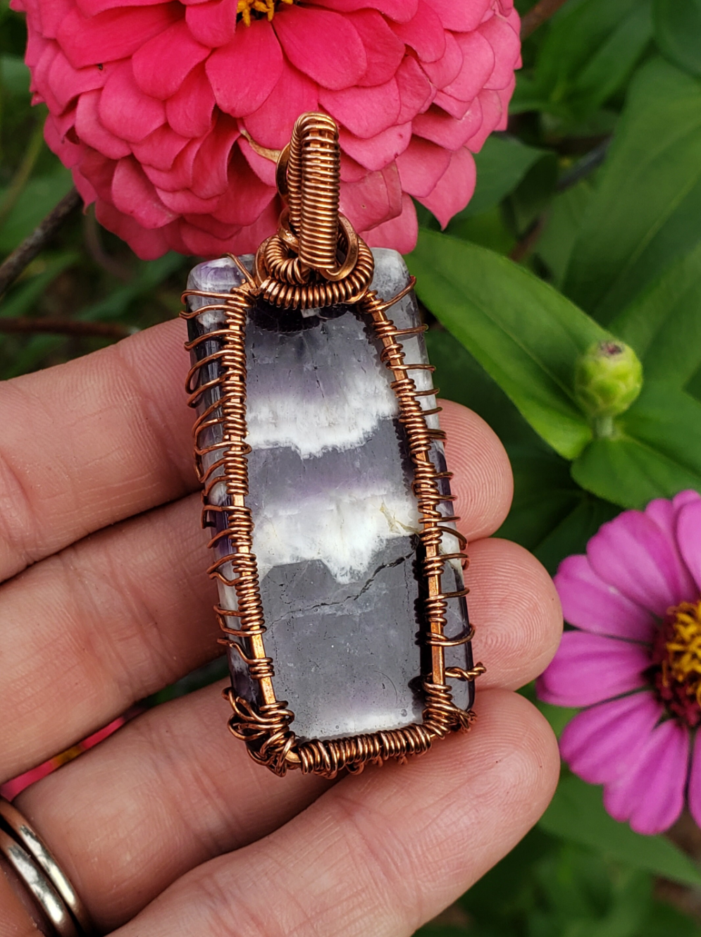Copper wire wrapped tree of life on Chevron Amethyst. Handmade. Wire wraps. Pendants. Gift ideas leather cord OOAK purple