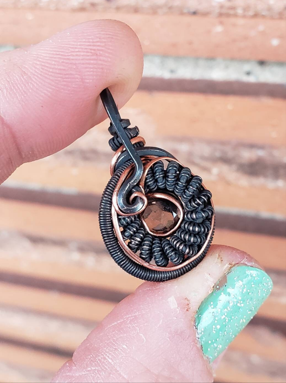 Copper wire wrapped Mini Pendant with smokey quartz facet Handmade. Wire wraps. Pendants. Unique leather cord