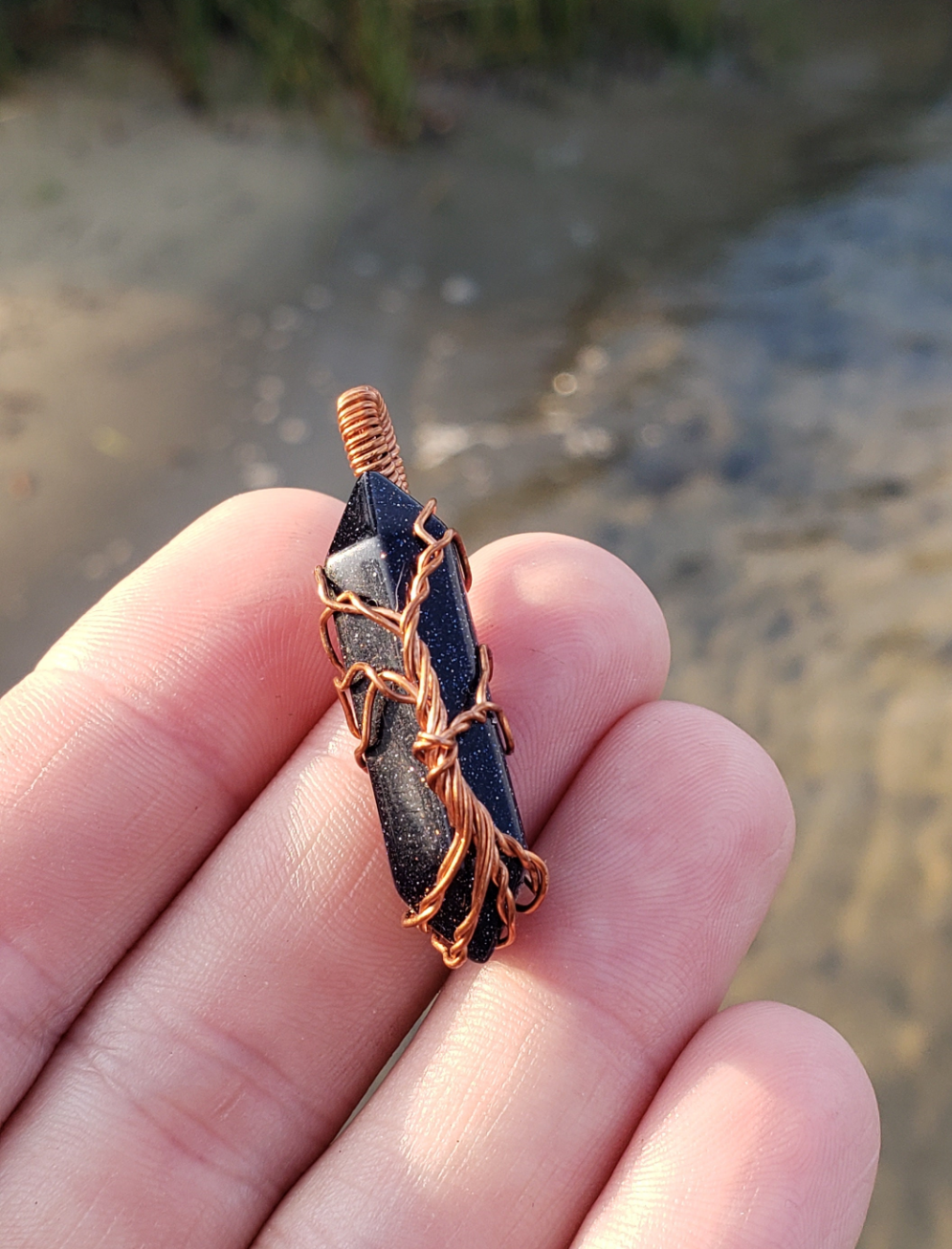 Copper wire wrapped Tree pendant. Blue Goldstone point. Hand crafted Wire wraps. Pendants. Gift ideas leather cord. OOAK wire wrap. Simple.
