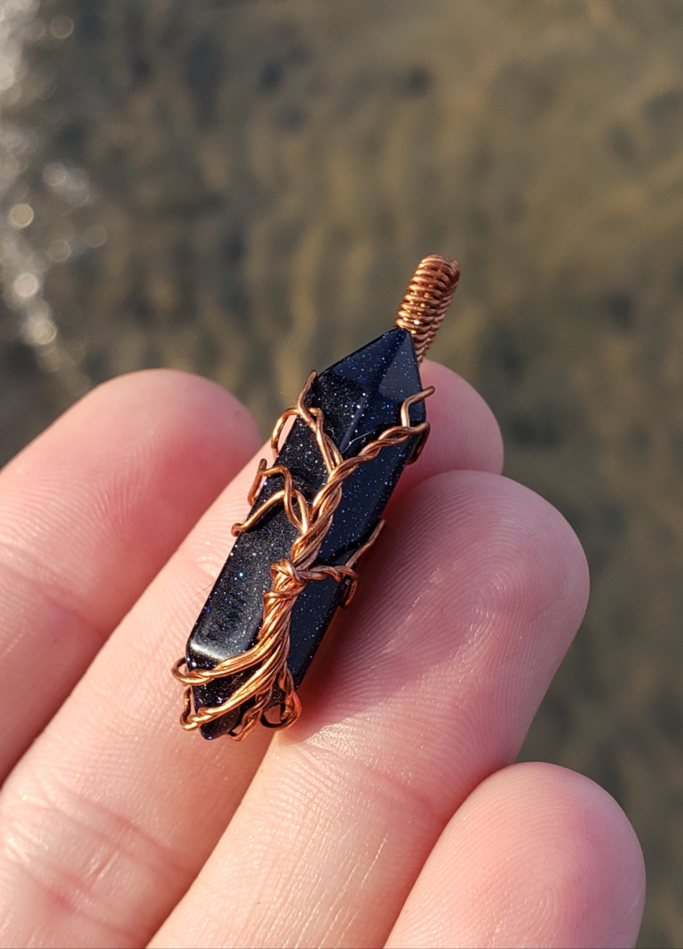 Copper wire wrapped Tree pendant. Blue Goldstone point. Hand crafted Wire wraps. Pendants. Gift ideas leather cord. OOAK wire wrap. Simple.