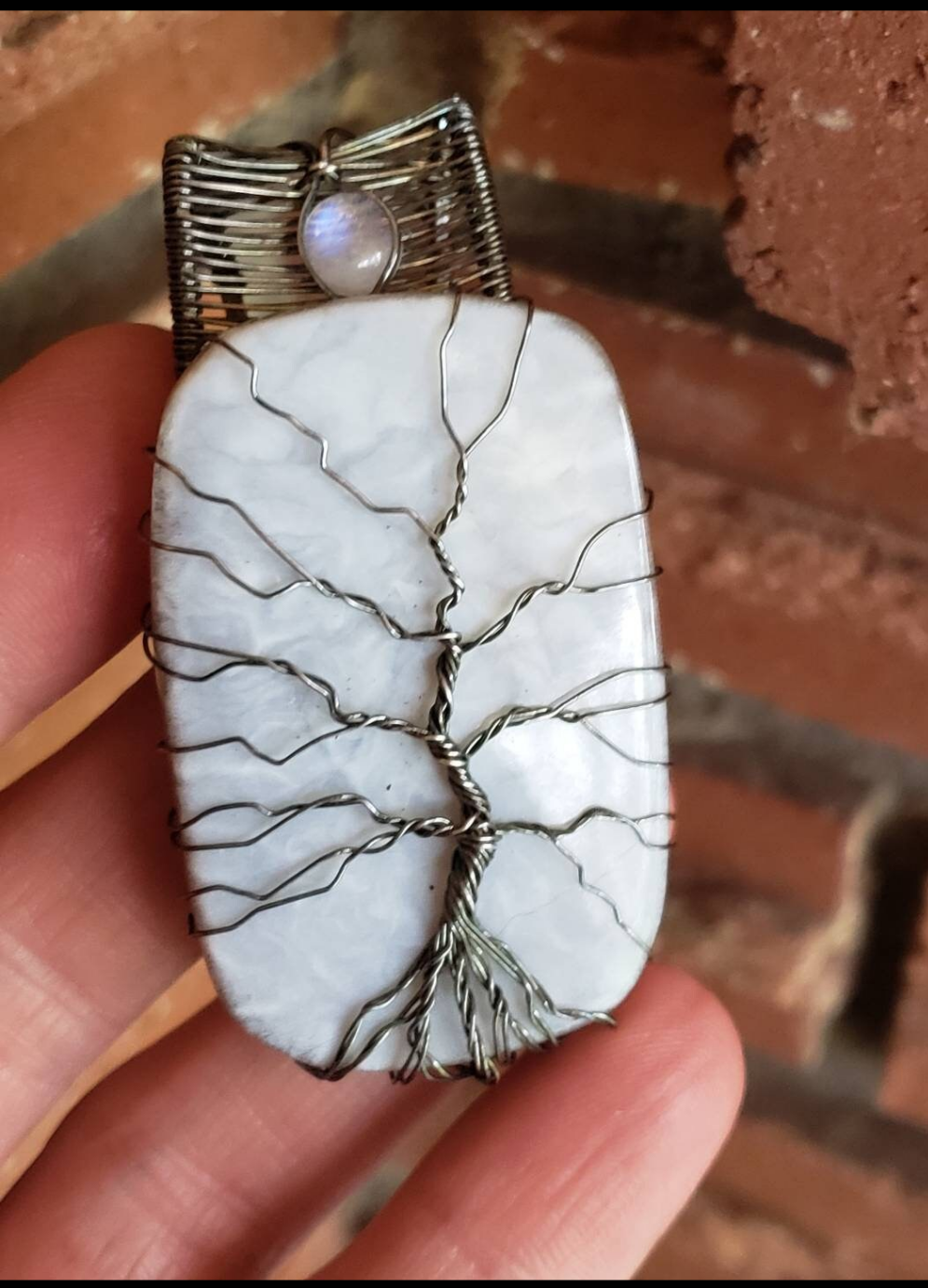 Sterling Silver wire wrapped Tree of life on a lovley Owyhee Blue Opal and moonstone accent Handmade. Wire wraps. Pendants.