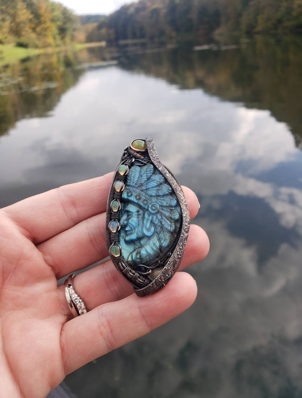 Labradorite carved Native Chief wire wrapped Pendant. Opal & apatite accents Sterling Silver wire wrapped Cabochon. Handmade. Heady.