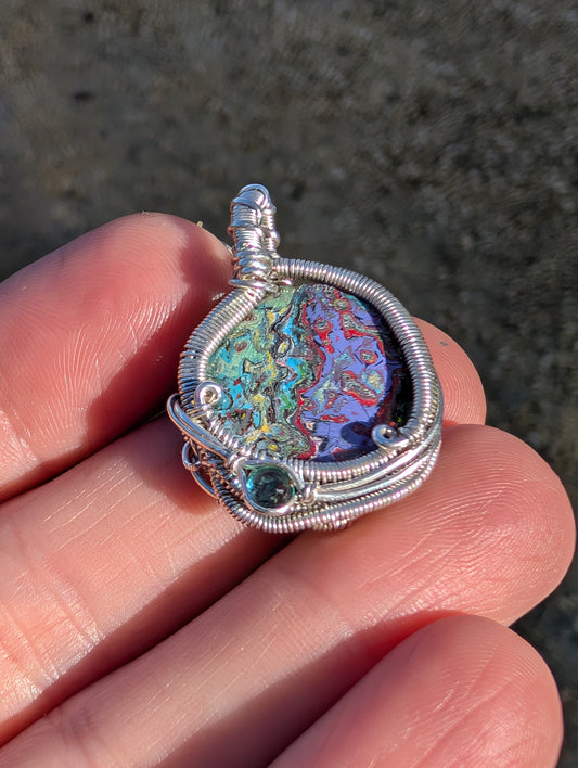Stunning Wire wrapped pendant. Sterling silver Wire wrapped graffiti cabochon, emerald accent. Pendants. Heady. Gifts.