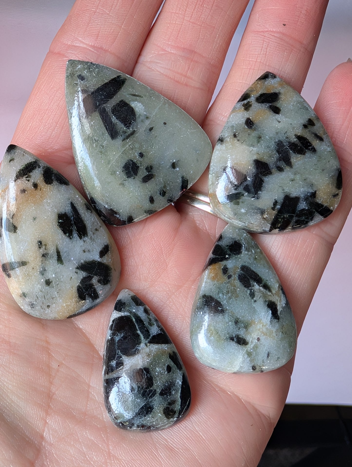 Green Tourmaline in quartz ( lower grade) Tear drops.