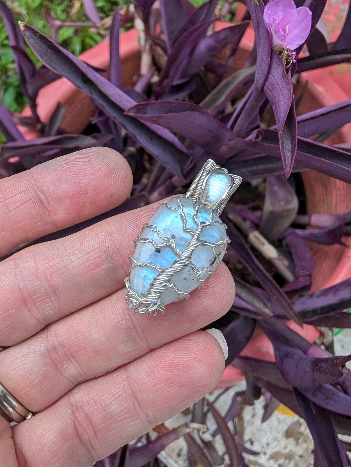 Handcrafted Sterling silver wire wrapped Tree pendant. Moonstone.