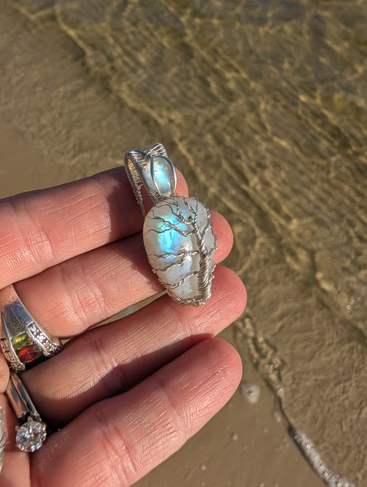 Handcrafted Sterling silver wire wrapped Tree pendant. Moonstone.